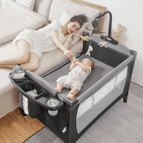 Paquete y juego 5 en 1, moisés de bebé durmiente junto a la cama con cambiador de pañales en forma de U, parque portátil para bebés recién nacidos y