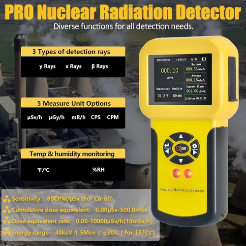 Miniatura 2 de HOLDPEAK - Contador Geiger, detector de radiación nuclear recargable con pantalla LCD, detección beta, gamma y rayos X, 5 unidades de medición