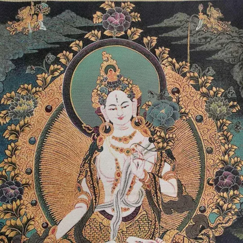 Miniatura 6 de GEEYOU Bordado de seda tibetano Thangka budismo blanco Tara Guanyin Kwan-yin Tangka Mural Tangka colgante de pared para decoración del hogar, tapiz