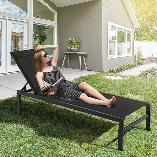 Miniatura 4 de Tangkula Tumbona de aluminio para patio, sillón ajustable para exteriores con respaldo de 6 posiciones, marco de aluminio resistente, tela Negro