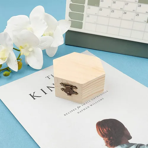 Miniatura 6 de GORGECRAFT 2 cajas de madera sin terminar hexagonal, caja de almacenamiento de madera con tapa con bisagras y cierre frontal para bricolaje, Caja
