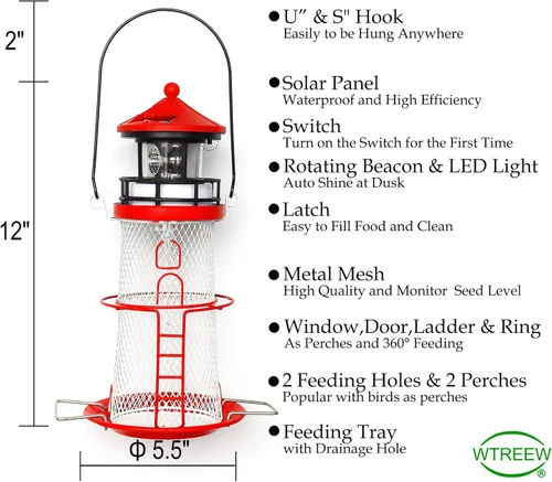 Miniatura 5 de Comedero Solar para Pájaros Faro con Baliza Giratoria - 14" Colgante Mejor Regalo de Comedero para Amantes de las Aves (Rojo Manzana).