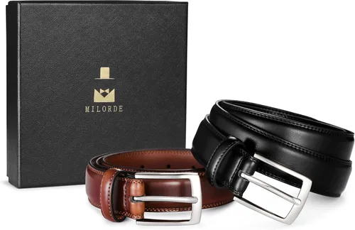 Miniatura 5 de MILORDE Cinturón de vestir de cuero para hombre, 2 unidades, hecho a mano, cuero genuino, diseños clásicos y modernos para el trabajo, negocios