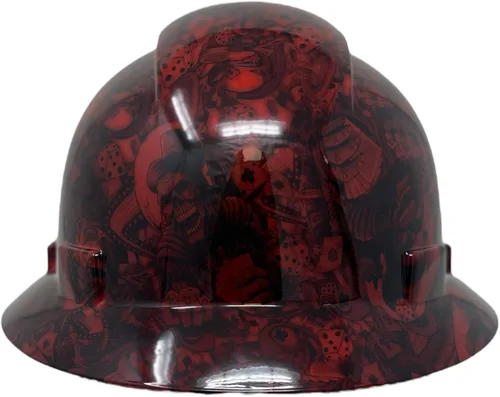Miniatura 3 de Casco duro OSHA de ala completa, sin ventilación, diseño de calavera y tatuaje, acabado brillante, con suspensión de 6 puntos