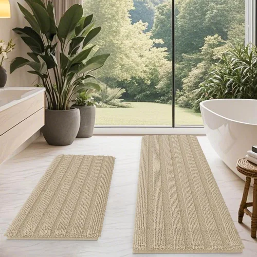 Miniatura 54 de ACCUMTEK - Juego de alfombras de baño a rayas beige de 3 piezas, ultrasuaves, antideslizantes de chenilla, alfombras de baño mullidas y absorbentes