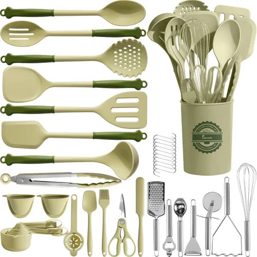 Kikcoin Juego de 43 utensilios de cocina – Juego de utensilios de cocina de silicona, espátula apta para lavavajillas para utensilios de cocina