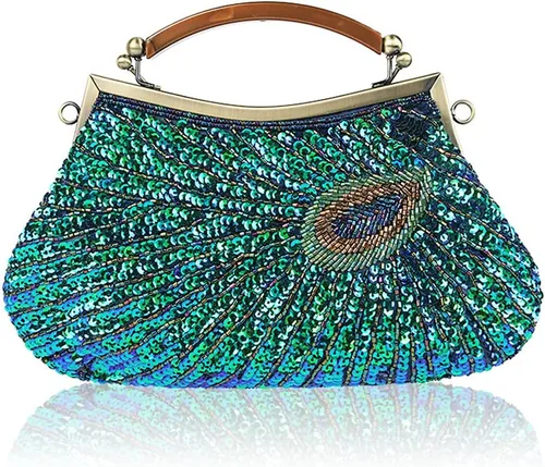 Bolso de noche único de lentejuelas de lujo con cuentas de la boda nupcial del partido del baile de fin de curso bolso de mano (azul pavo real)