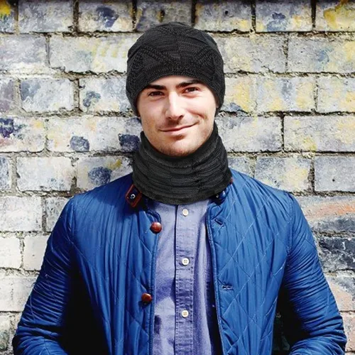 Miniatura 6 de Winter Beanie Hat Scarf Gloves Set 3 Pieces Mens Warm Knit Thick Slouchy Cap Neck Warmer Touchscreen Gloves Set