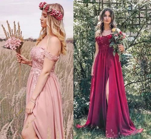 Miniatura 4 de Miao Duo Vestidos largos de graduación con hombros descubiertos para mujer, con abertura de encaje, apliques de gasa, vestidos formales de fiesta