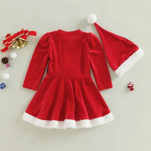 Miniatura 3 de woshilaocai Vestido de Navidad para niñas pequeñas, vestido de terciopelo con lazo de Papá Noel con sombrero, vestidos de fiesta para fotos