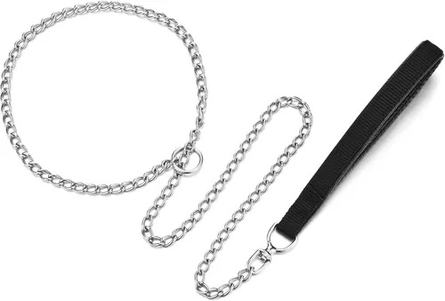 Miniatura 5 de Correa y collar de metal para perro, cadena a prueba de mordidas de 4 pies con cadena en P, correa resistente para mascotas con mango acolchado