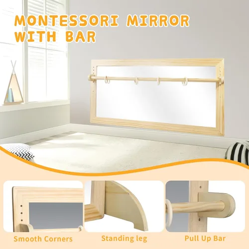 Miniatura 5 de Espejo Montessori con barra, barra de dominadas ajustable de madera para bebé, piso y pared, inastillable, seguridad, coordinación infantil, muebles