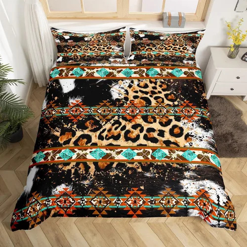 Miniatura 16 de Erosebridal Funda de edredón de piel de vaca marrón con estampado de vaca de las tierras altas, juego de ropa de cama occidental exótico azteca