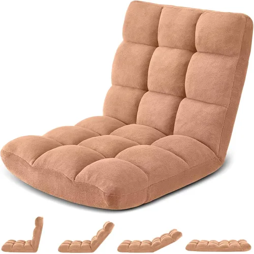Miniatura 15 de Silla de suelo plegable Avocahom para juegos con 14 posiciones, silla de sofá perezoso ajustable con cojín, con algodón transpirable y coral de Gris