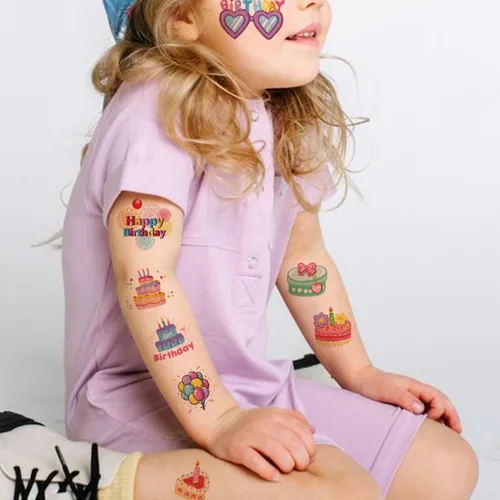 Miniatura 5 de CHARLENT Palitos de tatuaje de feliz cumpleaños con purpurina para niños, 74 hojas individuales, tatuajes temporales, regalos de cumpleaños