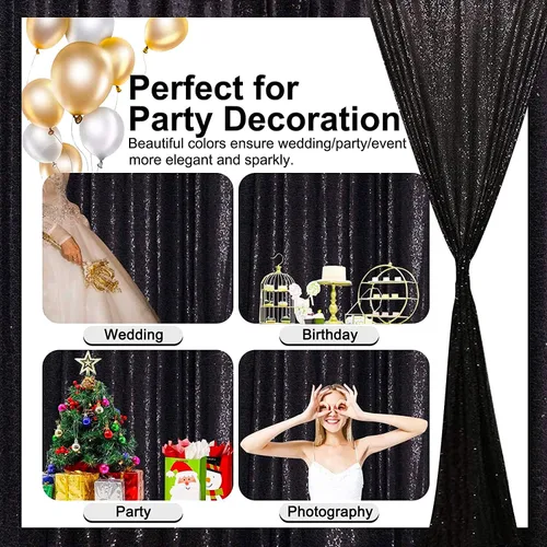 Miniatura 5 de Cortinas de fondo de lentejuelas negras con purpurina de 2 x 8 pies, 4 paneles para decoración de bodas, fiestas de cumpleaños, despedidas de Negro