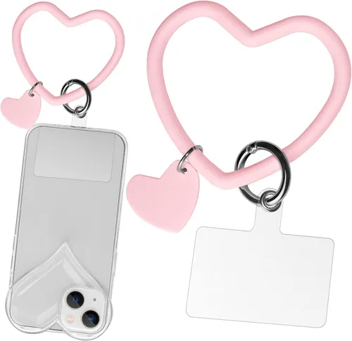Miniatura 27 de Correa de silicona en forma de corazón para teléfono, correa de muñeca para teléfono celular con soporte para llavero, universal compatible con Negro