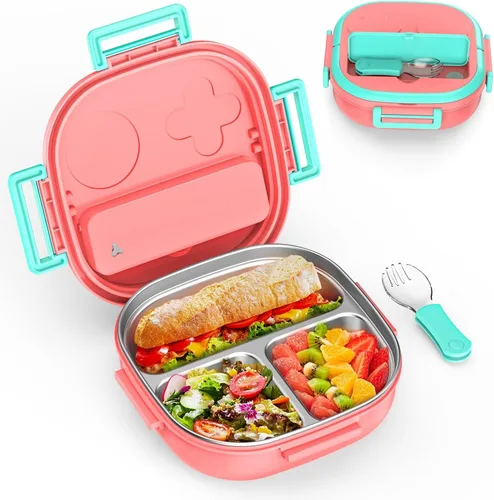 Miniatura 17 de Pequeña mini caja Bento o caja de aperitivos con 3 compartimentos extraíbles de acero inoxidable y cubiertos para bebé de 0 a 24 meses, a prueba