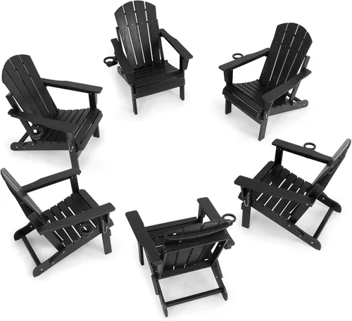 Miniatura 11 de Silla Adirondack plegable de HDPE, silla de patio al aire libre con soporte para tazas, silla de césped de grano de madera resistente a