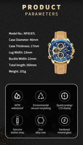 Miniatura 3 de NAVIFORCE Relojes digitales militares para hombre, analógico, cuarzo, impermeable, reloj deportivo multifuncional de cuero