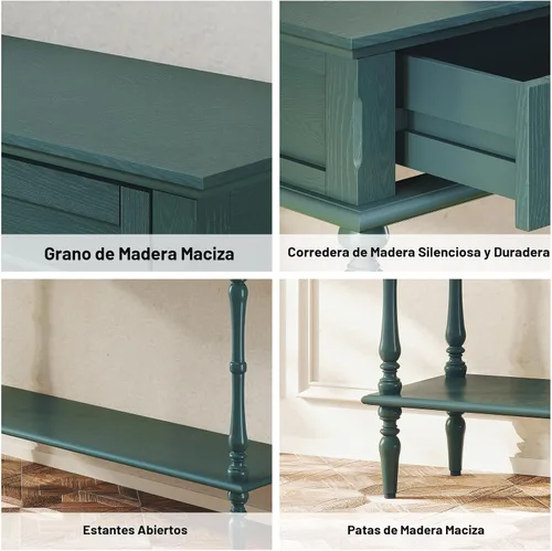 Miniatura 5 de ARTPOWER - Mesa de consola para entrada con 2 cajones - Montaje mínimo, mesa retro verde para entrada con gabinetes de almacenamiento y estante