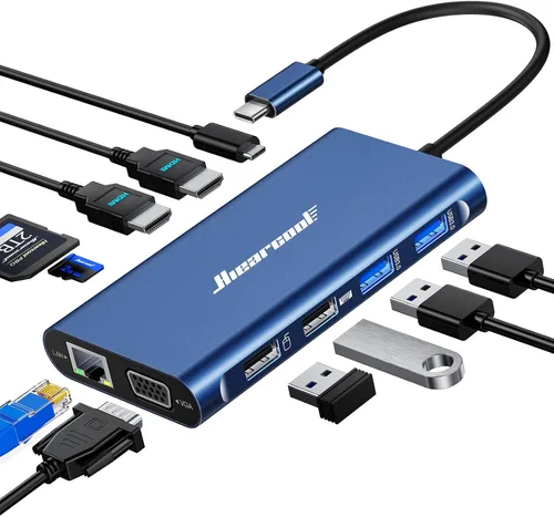 Hiearcool Estación de acoplamiento USB C con monitor doble, 11 en 1 con pantalla triple USB C para laptop con 2 HDMI VGA, base Dongle tipo C Azul