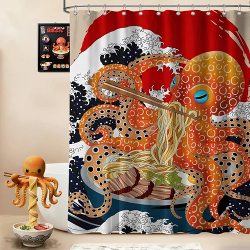 Miniatura 28 de Cortina de ducha estrecha con diseño de gato negro y animé japonés para casa rodante, juegos de decoración de baño, tela impermeable con ganchos, 36