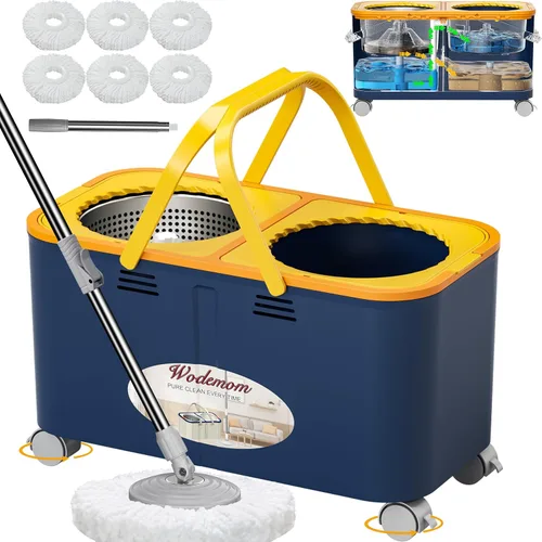 Trapeador giratorio compacto y cubo con sistema de agua limpia y sucia, mopa de piso con ruedas giratorias de 360°, mango de 61 pulgadas, 6