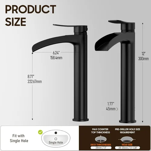 Miniatura 4 de Phiestina Grifo Alto de Lavabo Vessel para Baño Negro Mate, Cascada de Un Solo Orificio con Una Sola Manija para Lavabo Sobre Encimera, con Desagüe