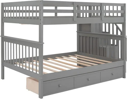 Miniatura 5 de Literas de tamaño matrimonial con cajones y escaleras, marco de cama de madera con almacenamiento para niños, adolescentes y adultos, desmontable