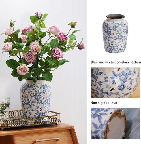 Denique Jarrón Vintage de Porcelana Azul y Blanco Jarrón Cerámico para Decoración del Hogar, Jarrón de Flores Retro de Porcelana Azul con Grietas