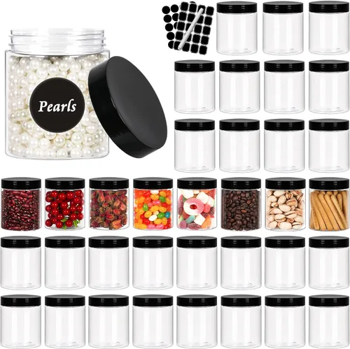 Miniatura 10 de Paquete de 40 tarros de plástico con tapas negras de 6 onzas, recipientes redondos de plástico de 6 onzas, tarros de cosméticos transparentes