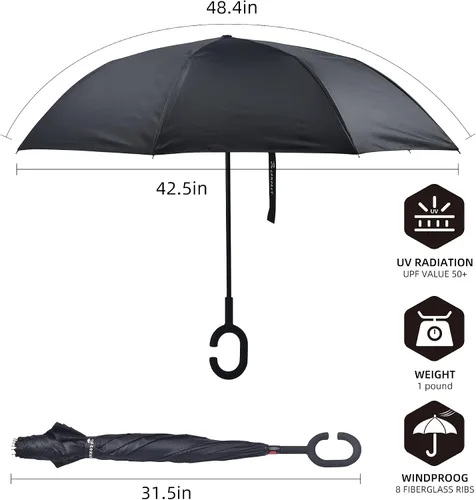 Miniatura 4 de SY COMPACT Paraguas invertido resistente al viento de doble capa con mango en forma de C, paraguas recto para automóvil, tienda de lluvia