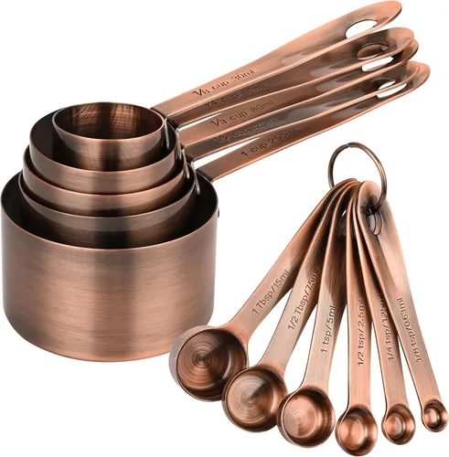 Juego de tazas y cucharas medidoras, juego de tazas y cucharas medidoras de cobre para cocina y hornear, acero inoxidable, 5 tazas y 6 cucharas para