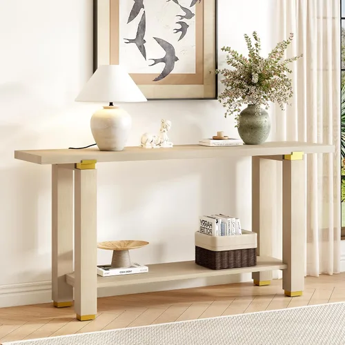 Miniatura 17 de Elegante mesa consola de 63 pulgadas con chapa de pino y patas geométricas, aparador de buffet versátil, mesa auxiliar de madera extra larga