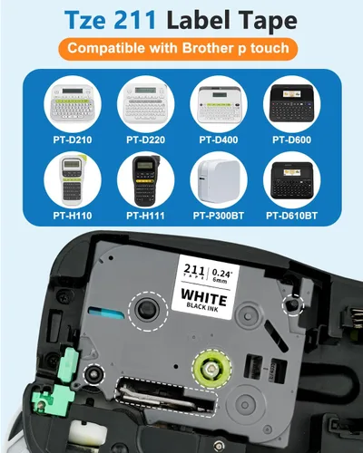 Miniatura 2 de Pristar TZe-211 Cinta de etiquetas compatible de 6 mm para Brother P Touch TZe TZ Cinta de etiquetas de 6 mm 0.23 Cinta de etiquetas laminada blanca