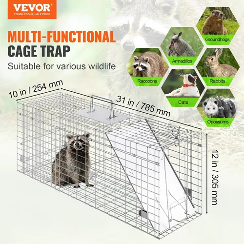 Miniatura 2 de VEVOR Trampa de jaula para animales vivos, 31 x 10 x 12 pulgadas, trampa para gatos humanitarios de hierro galvanizado, trampa plegable