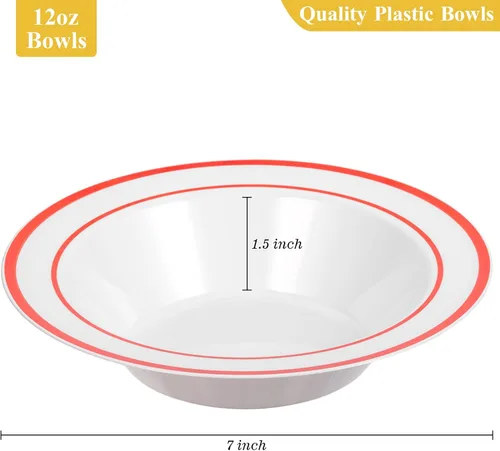 Miniatura 3 de Goodluck Paquete de 50 cuencos de plástico con borde rojo, cuencos de sopa desechables de 12 onzas, cuencos de postre resistentes para bodas