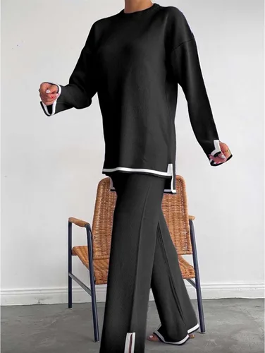 Miniatura 5 de MaLinfandor Conjunto de 2 piezas de suéter de punto para mujer, sudadera de manga larga, pantalones elásticos de pierna ancha, conjunto de ropa