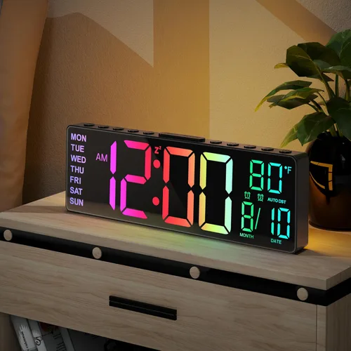 JALL Reloj despertador digital grande de 10.5 pulgadas con 8 colores RGB, fecha, mes, temperatura LED, DST automático, reloj digital de gran