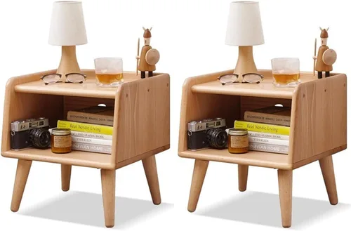 Mesita de noche pequeña, mesa de noche 100% madera de roble macizo, mesita de noche moderna de mediados de siglo con almacenamiento abierto, armario