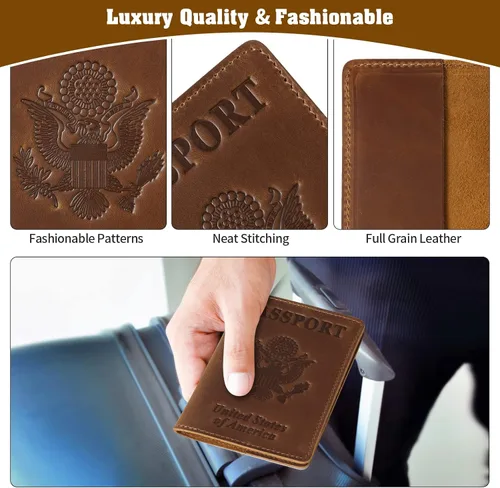 Miniatura 4 de Jack&Chris Funda de cuero para pasaporte, funda de viaje para hombres y mujeres, Marrón1, Casual