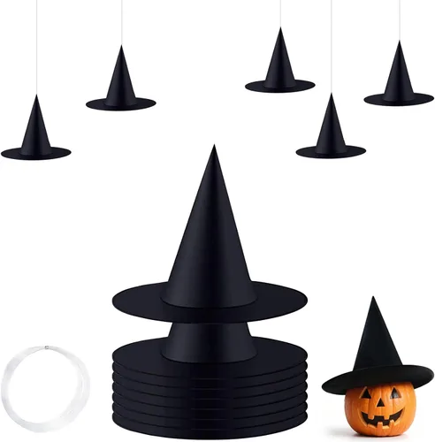 ZeeDix 8 sombreros de bruja de Halloween para colgar en interiores, sombrero de bruja flotante negro con cuerda colgante de 98 pies, accesorios de