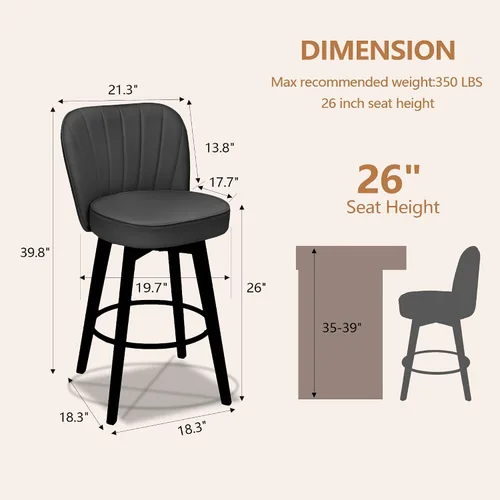 Miniatura 2 de MINCETA Juego de 2 taburetes de bar giratorios de 360°, taburete de bar de 26 pulgadas de altura de mostrador con respaldo de concha, silla de bar