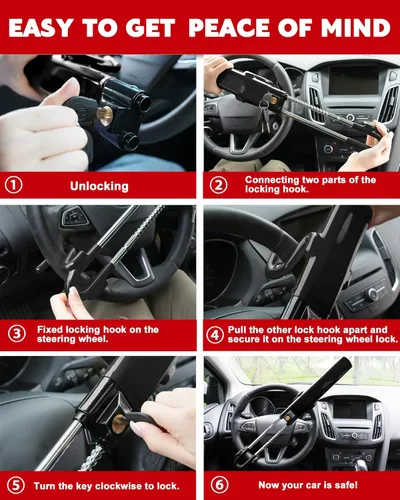 Miniatura 5 de Tevlaphee Bloqueo de Volante Antirrobo Dispositivo para Automóvil de Servicio Pesado Cerradura de Seguridad para Automóvil Dispositivos de Bloqueo