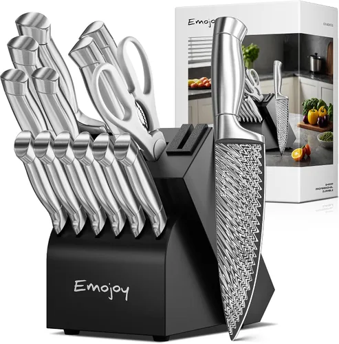 Miniatura 8 de Emojoy - Juego de cuchillos de cocina de 15 piezas con bloque y afilador integrado, juego de bloques de cuchillos de acero inoxidable alemán de alto
