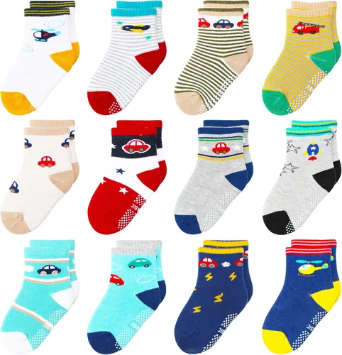 Miniatura 11 de 12 paquetes de calcetines antideslizantes para niños y bebés con agarre para niños de 1-7 años, calcetines de algodón de tripa para niños y niñas