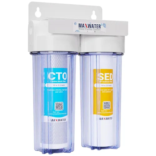 Max Water 2 etapas (sedimento, olor y mejora el sabor) para toda la casa de 10 pulgadas, sistema de filtración de agua estándar, carcasa
