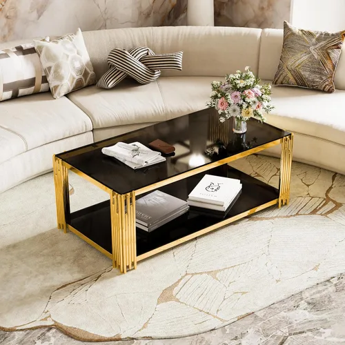 Miniatura 15 de Mesa de centro de cristal negro de 43 pulgadas, mesa moderna para sala de estar, acero inoxidable dorado, patas de metal, rectangular, de vidrio