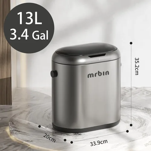 Miniatura 7 de MRBIN Cubo de basura de metal de absorción automática para baño, cubo de basura sin contacto con tapa, bote de basura delgado de 3.2 galones